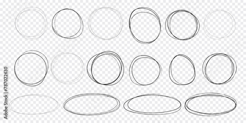 Circle scrible circular frame, fast mark, pencil line doodle frame. Ring, oval sketch highlight sphere on transparent background. 