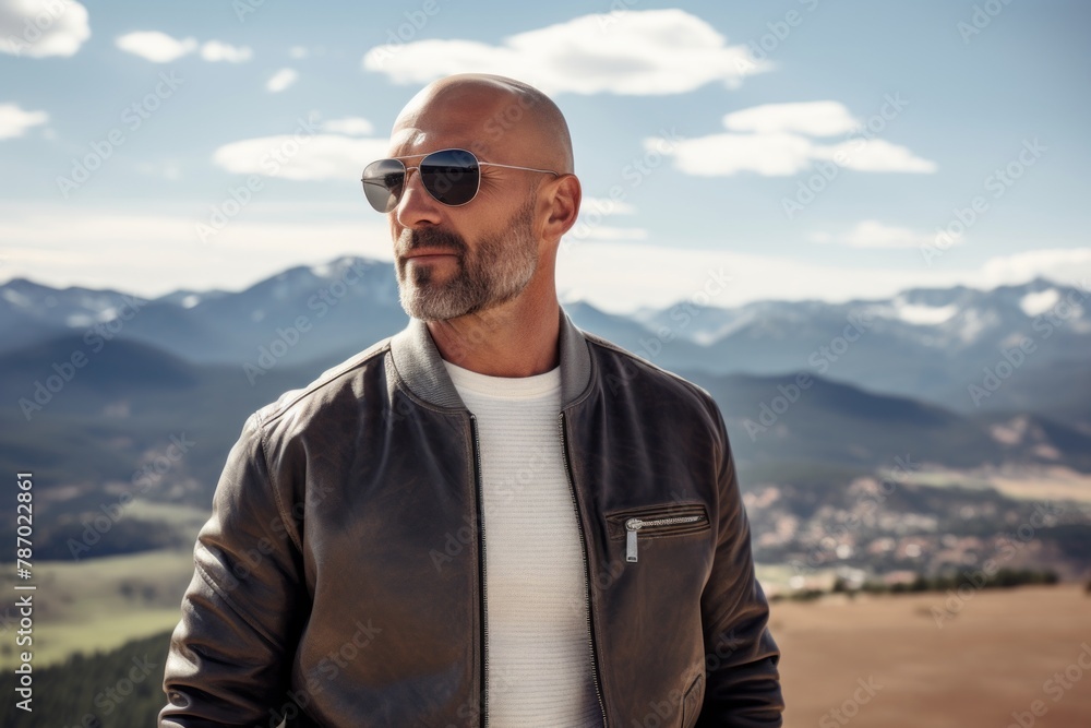 Portrait of a blissful man in his 40s sporting a stylish varsity jacket while standing against panoramic mountain vista Portrait of a blissful man in his 40s sporting a stylish varsity jacket while standing against panoramic mountain vista