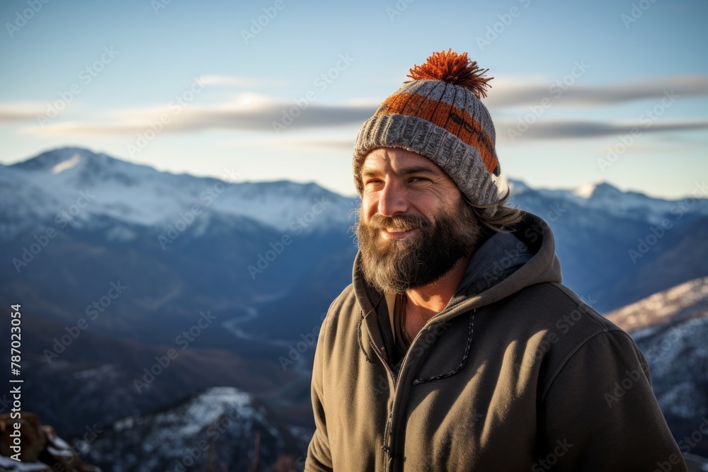 Portrait of a happy man in his 40s donning a warm wool beanie in panoramic mountain vista Portrait of a happy man in his 40s donning a warm wool beanie in panoramic mountain vista