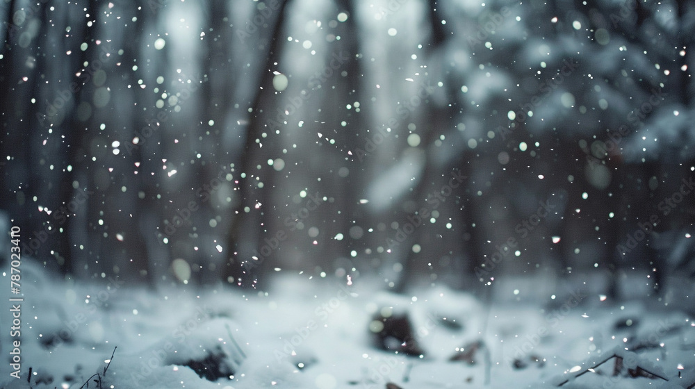 Obraz premium Revel in the picturesque low-angle perspective of a winter forest landscape, featuring a blurred background of snow-covered trees and a gentle snowfall. 