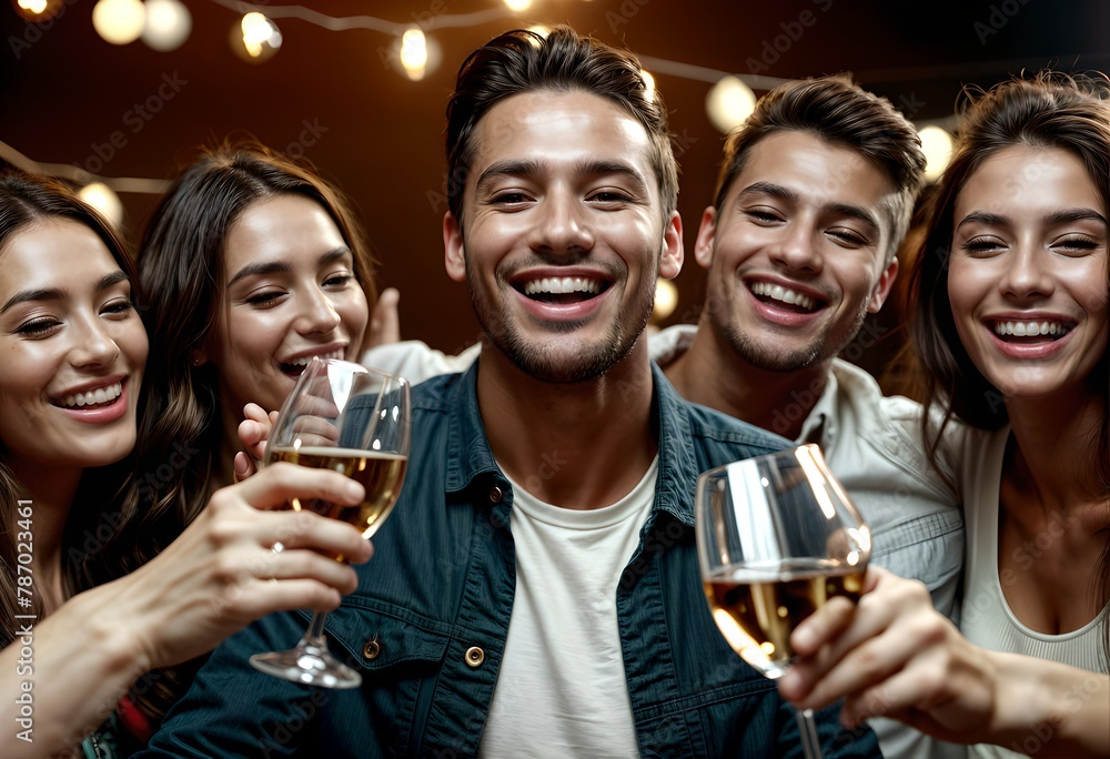 close-up of a man at a party, smiling, toasting, surrounded by friends. close-up of a man at a party, smiling, toasting, surrounded by friends.