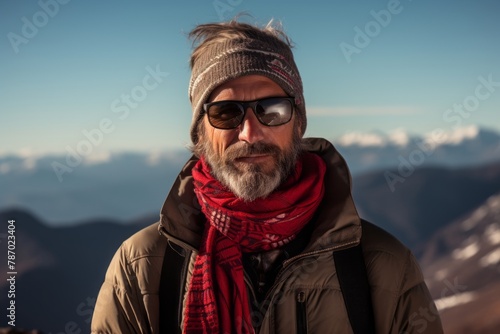 Portrait of a jovial man in his 40s wearing a versatile buff on panoramic mountain vista