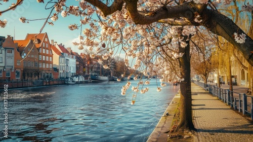 Gdansk, Poland - April 3, 2024: Spring flowers blooming on the trees over the Motlawa river in Gdansk. Poland photo