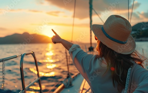 A couple is on a boat, enjoying the sunset and pointing at the horizon