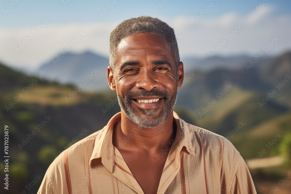 Portrait of a glad afro-american man in his 50s donning a classy polo shirt isolated on panoramic mountain vista Portrait of a glad afro-american man in his 50s donning a classy polo shirt isolated on panoramic mountain vista