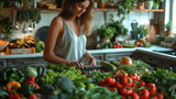 A woman using an electric knife sharpener on the kitchen counter surrounded by fresh vegetables and fruits. Generative AI.