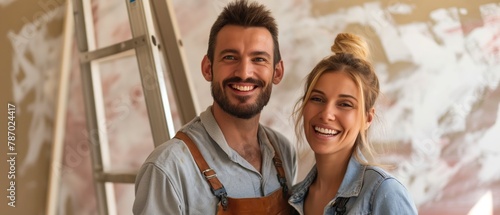 Home renovation, relocation and repaint concept with cheerful handsome young man and woman smiling happily at camera with toothy smile photo