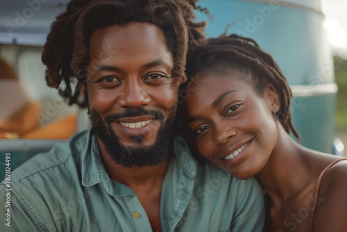 African American smiling couple on a motorhome trip, road trip. Portrait of a happy man and woman on the background of a mobile home © Sergio