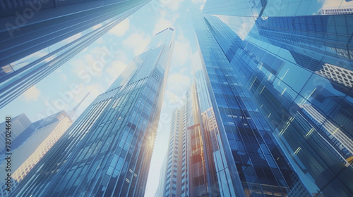 Soar above the bustling metropolis with an array of reflective skyscraper business office buildings, shaping a modern cityscape. 