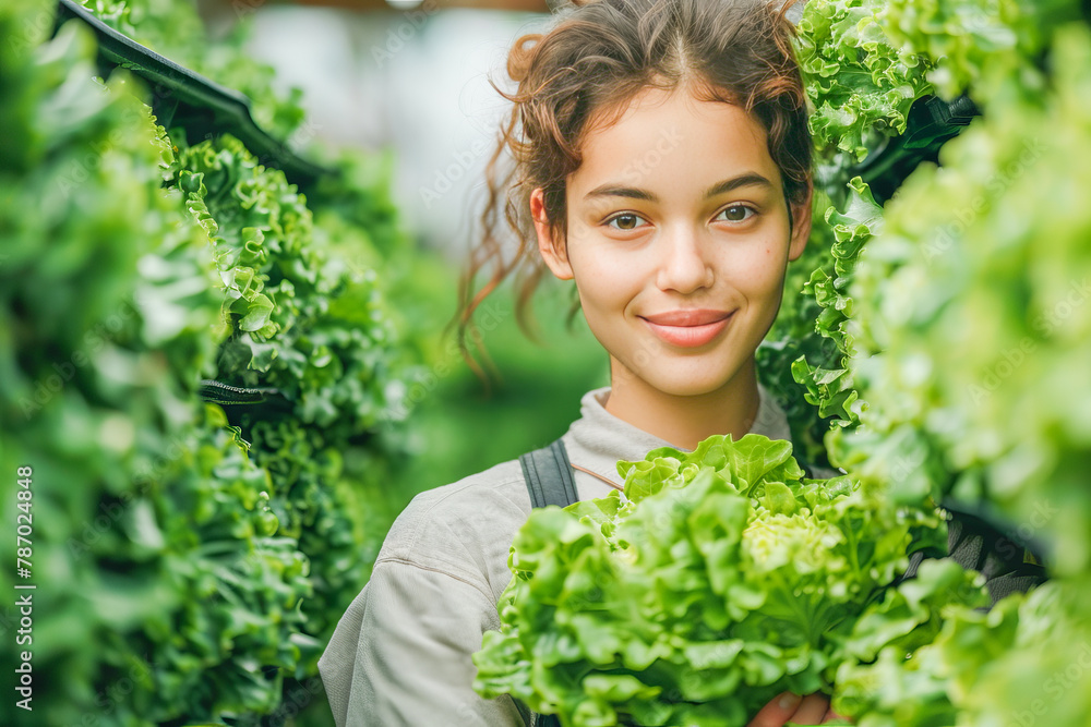 Smiling young woman in greenhouse with fresh lettuce Smiling young woman in greenhouse with fresh lettuce