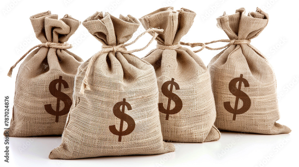 brown burlap bags with dollar sign's, on white background, money bag, banking concept brown burlap bags with dollar sign's, on white background, money bag, banking concept