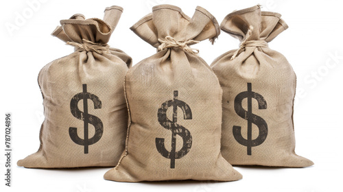 brown burlap bags with dollar sign's, on white background, money bag, banking concept photo