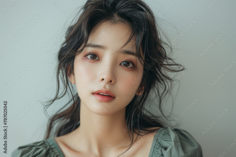 A joyful portrait of a Korean girl with bound straight hair, dressed in a light green K-pop outfit, her radiant smile enhancing the fresh look against a white backdrop A joyful portrait of a Korean girl with bound straight hair, dressed in a light green K-pop outfit, her radiant smile enhancing the fresh look against a white backdrop