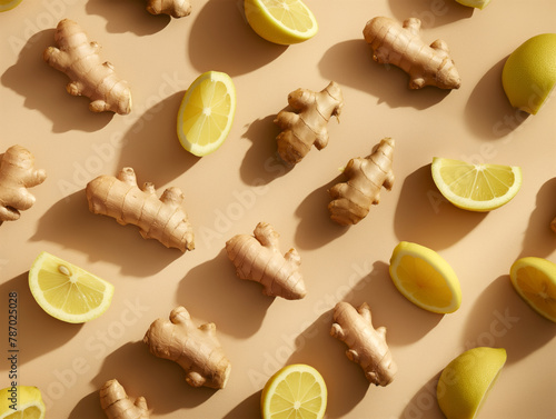 Fresh Ginger Roots and Lemon Slices on Beige Background with Natural Shadows