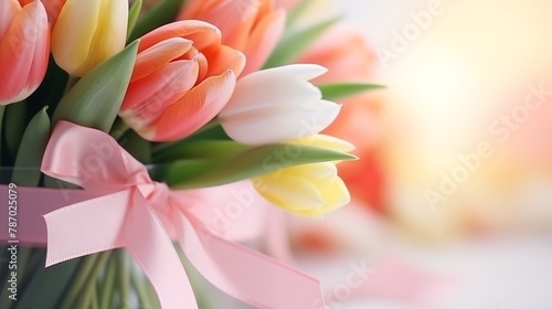 Elegant bouquet of pastel-colored tulips tied with a soft pink ribbon #787025079