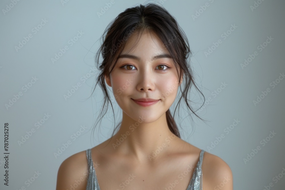 An elegant studio shot of a Korean girl with bound, straight hair, dressed in a sophisticated silver K-pop gown, her smile warm and welcoming against a white backdrop An elegant studio shot of a Korean girl with bound, straight hair, dressed in a sophisticated silver K-pop gown, her smile warm and welcoming against a white backdrop