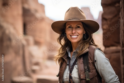 Portrait of a smiling woman in her 40s wearing a rugged cowboy hat in front of backdrop of ancient ruins