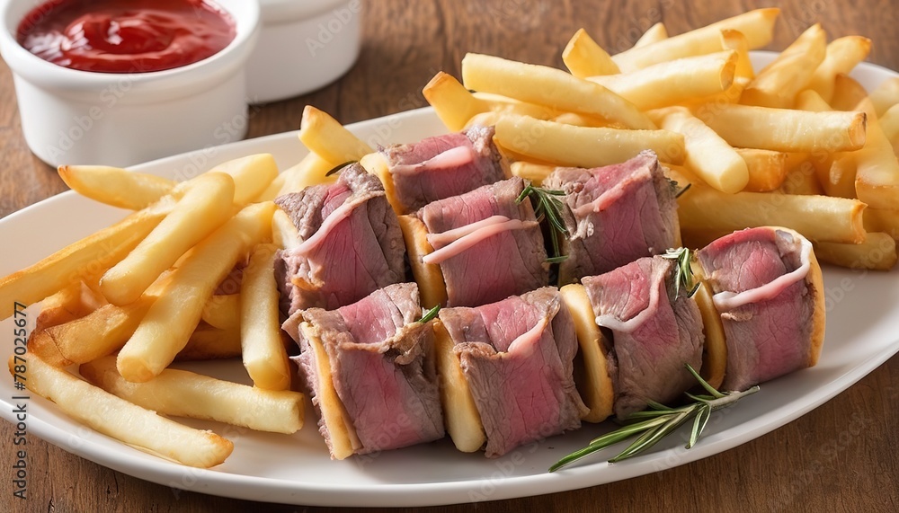 Roast beef french fries rolls with rosemary and mustard