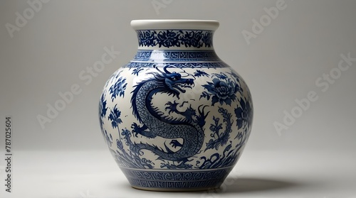 beautiful white and blue ceramic vase, dragon animal pattern, on white background, animal, object.generative.ai