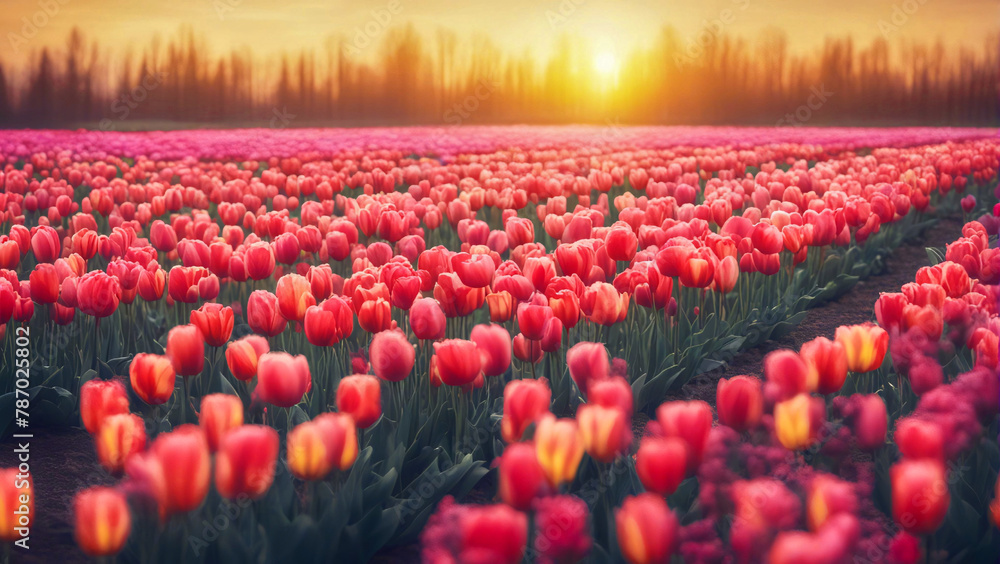 Field of red tulips at sunset.