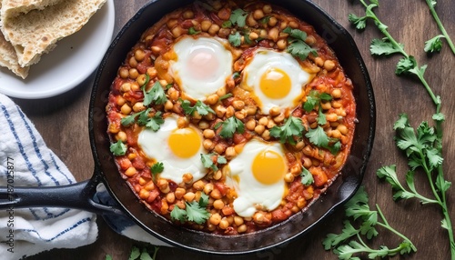 Shakshuka with chickpeas in a cast iron skillet photo