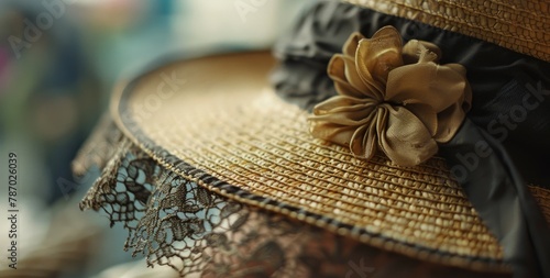 Straw hat with a brown bow on the background of fabric.