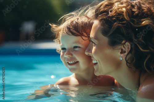 Image of children enjoying swimming lessons in the pool having fun generative AI concept