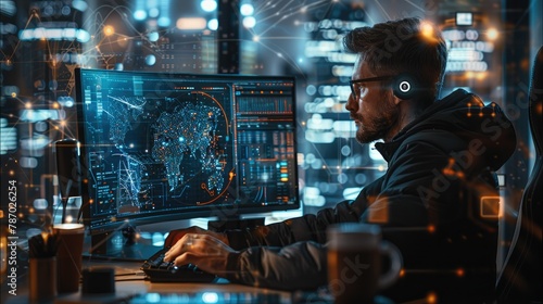 A man working on a futuristic computer in a home office. In the background there several different layers of information that look like AI processes running with a lot of data. Generative AI.