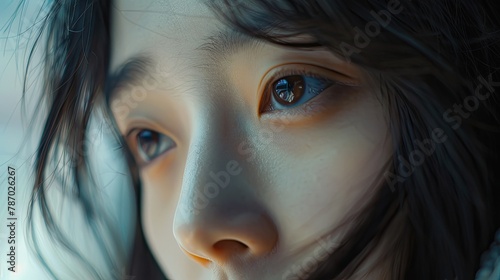 Close up portrait of little girl with black hair and blue eyes