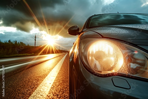 Golden Path: The Radiant Journey of a Wind-Blown Car photo