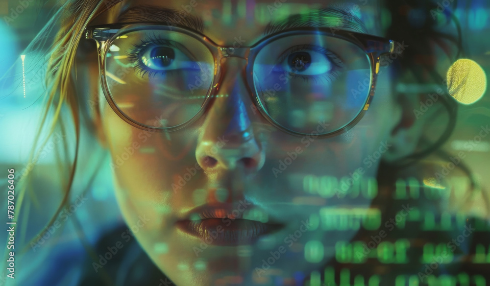 Woman, code and reading digital software, information technology or cybersecurity dashboard and hacker. Server, programming and data analysis and fintech, research and female person or glasses Woman, code and reading digital software, information technology or cybersecurity dashboard and hacker. Server, programming and data analysis and fintech, research and female person or glasses