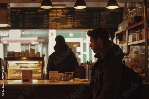 Customer waiting at a cozy, dimly-lit coffee shop counter, anticipating a warm beverage on a cold evening.