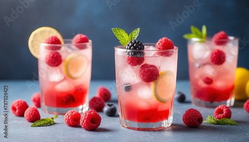 Spring or summer refreshing cold cocktail or mocktail with berries and lemon, raspberry lemonade