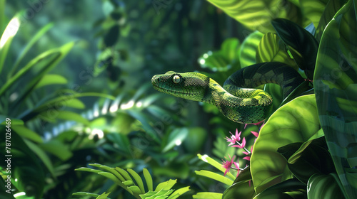Step into a captivating scene depicting a tropical rainforest alive with the vibrant colors of nature, where a sleek green snake gracefully navigates through the dense greenery. 