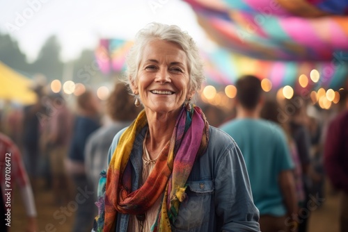 Portrait of a happy woman in her 60s wearing a comfy flannel shirt isolated on vibrant festival crowd