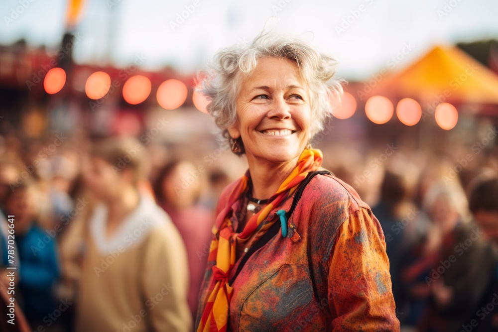 Obraz premium Portrait of a happy woman in her 60s wearing a comfy flannel shirt over vibrant festival crowd
