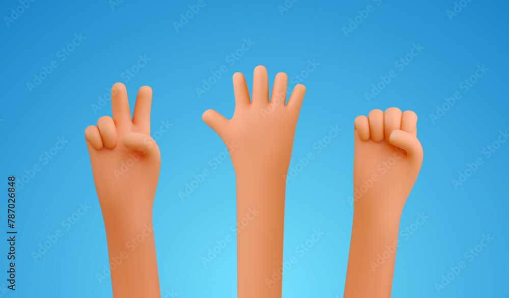 3d cartoon hands playing rock paper scissors game vector illustration. 3d cute arms gesturing design elements on blue background 3d cartoon hands playing rock paper scissors game vector illustration. 3d cute arms gesturing design elements on blue background