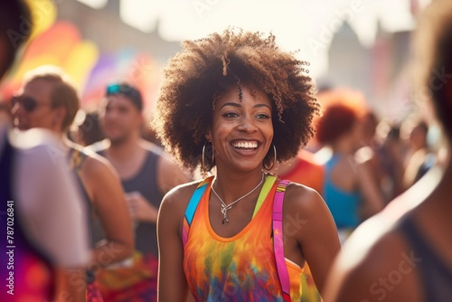 Portrait of a grinning afro-american woman in her 20s wearing a lightweight running vest in vibrant festival crowd