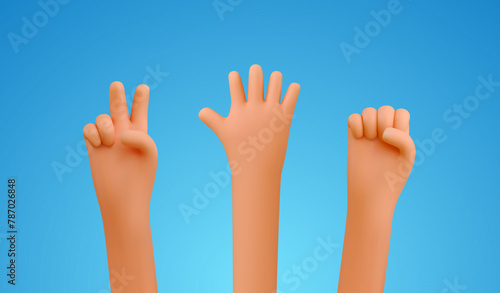 3d cartoon hands playing rock paper scissors game vector illustration. 3d cute arms gesturing design elements on blue background