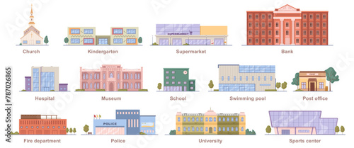 City infrastructure and municipal buildings. Vector flat cartoon style, isolated church and kindergarten, supermarket and bank, post office and hospital. Swimming pool and school, police