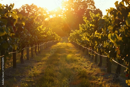 Capture the golden hues of the setting sun over rows of lush grapevines, casting long shadows and creating a warm, inviting atmosphere. 