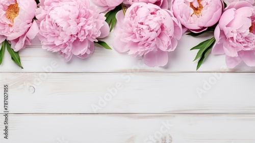 Elegant Pink Peonies Arranged on a Rustic White Wooden Background © Miva