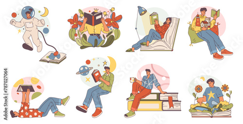 Men and women reading books at home, enjoying novel fiction world and developing imagination skills. Hobby and pastime for people, gaining knowledge. Flat cartoon style character vector
