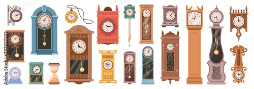 Vintage or retro wooden clocks with hours and faces. Vector flat cartoon style, isolated antiquity element of interior design. Antique pocket watch with carved decor, hourglass with sand
