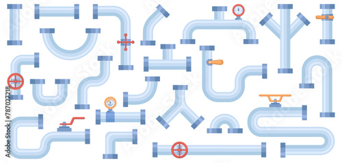 Metal industrial conduit with connections and valves. Vector flat cartoon style, isolated water, fuel or gas supply system, oil refinery industry. Pressure measurement devices for flows