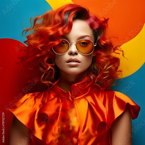Women wear brightly colored glasses, dress in colorful style. portrait of a woman with sunglasses stylish color clashing design ai generate.