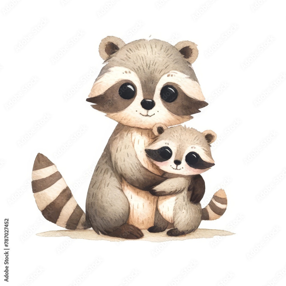 A watercolor painting of a mother raccoon and her baby. A watercolor painting of a mother raccoon and her baby.