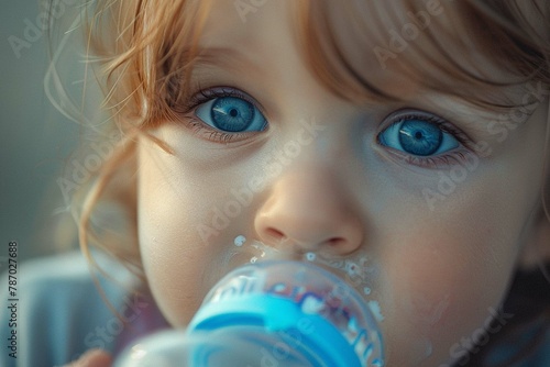 Close-up of a young girl drinking milk from a baby bottle