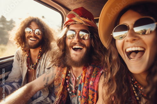 Generative AI illustration of happy children of sun hippie retro people guys celebrating partying on nature photo