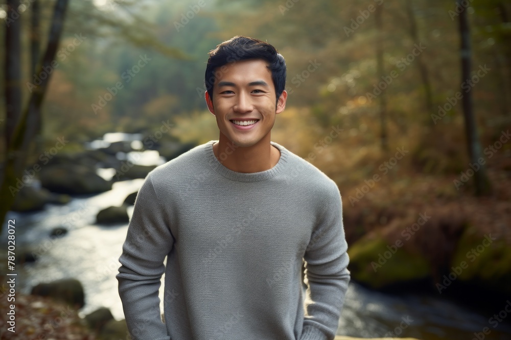 Portrait of a grinning asian man in his 20s dressed in a warm wool sweater in tranquil forest stream Portrait of a grinning asian man in his 20s dressed in a warm wool sweater in tranquil forest stream